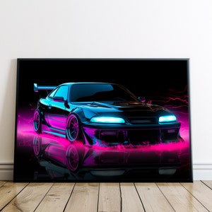 Neon styling | Vibrant Sports Car | Nissan Silvia | Classic Car | Digital Wall Art | Bedroom Wall Art