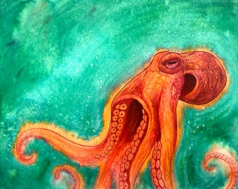 Octopus Artwork - Orange Abstract Octopus #01 - Watercolor Painting