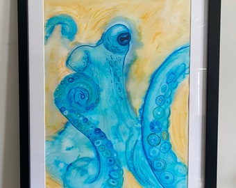 Octopus Artwork - Blue Abstract Octopus #03 - Watercolor Painting