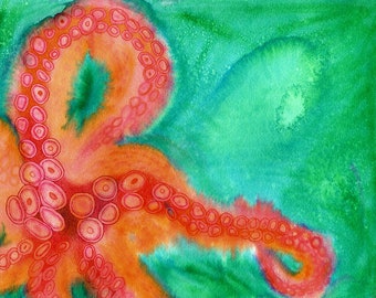 Octopus Art - Orange Abstract Octopus #02 - Watercolor Painting