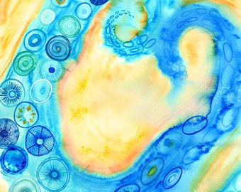 Blue Octopus Art - Abstract Octopus #02 - Watercolor Painting