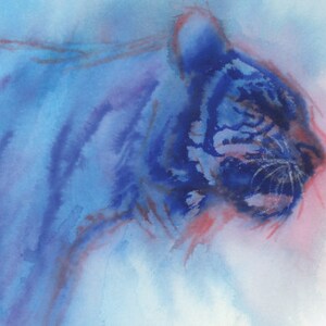 May include: Watercolor painting of a blue tiger with pink and white highlights. The tiger is facing to the right and its stripes are visible. The background is a light blue and white.