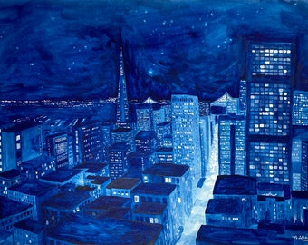 San Francisco Artwork - SF bij nacht - Art Print