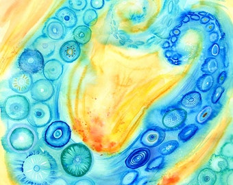 Octopus Art - Blue Abstract Octopus #01 - Watercolor Painting