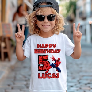Gepersonaliseerde Sspidrman verjaardag T-shirt, superheld shirt, Sspidrman-shirt, familie Sspidr-shirt, bijpassend Sspidr-Man-shirt, kinder-T-shirt