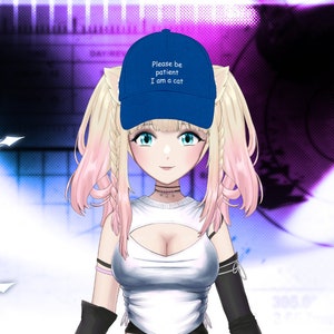 May include: A digital illustration of a female anime character with pink hair and blue eyes. She is wearing a blue baseball cap with the text "Please be patient I am a cat" on it. She is wearing a white tank top with a cut-out design and black gloves.
