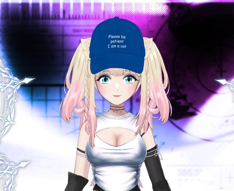 May include: A digital illustration of a female anime character with pink hair and blue eyes. She is wearing a blue baseball cap with the text "Please be patient I am a cat" on it. She is wearing a white tank top with a cut-out design and black gloves.