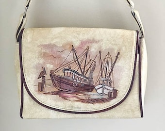Cool Vintage 60s Beige Brown Hand Painted Vinyl Tooled Boat Nautical Shoulder Messenger Bag