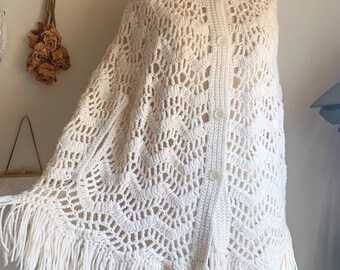 Amazing Vintage 70s Ivory Crochet Button Fringe Poncho