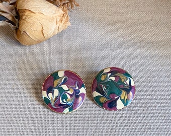 Pretty Vintage 80s Colorful Watercolor Jewel Tones Abstract Button Stud Earrings