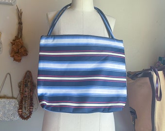 Cool Vintage 90s Deadstock Colorful Blue White Multi Stripe Nylon Shoulder Tote Bag