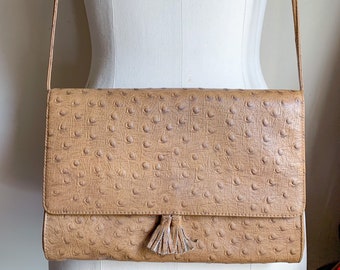 Pretty Vintage 70s Koret Tan Beige Ostrich Genuine Leather Lady Classic Crossbody Bag Purse