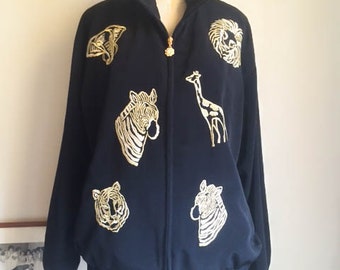 Cool Vintage 80s 90s Black Gold Animal Jungle Safari Bomber Jacket