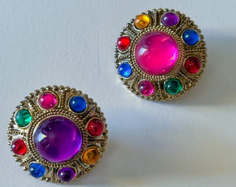 Pretty Vintage 80s Circle Round Costume Jewelry Multi Color Rhinestone Button Clip On Earrings