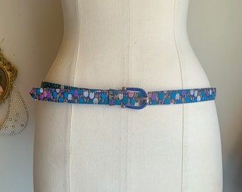 Sweet Vintage 60s 70s Mod Boho Lady Colorful Blue Purple Print Skinny Fabric Dress Belt