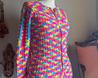 Sweet Vintage 70s 80s Handmade Handknit Colorful Rainbow Hippie Boho Bohemian Crochet Cardigan Knit Sweater