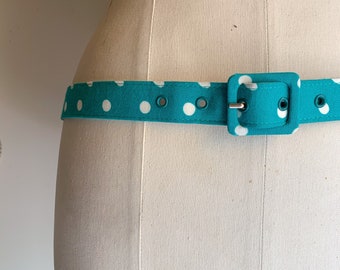 Cute Vintage 80s 90s Teal Green Polka Dot Skinny Fabric Belt