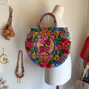 Pretty Vintage 80s Colorful Floral Fabric Carpet Tapestry Hippie Unique Tote Handle Bag
