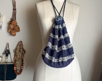 Sweet Unique Vintage 60s 70s Navy Blue White Stripe Beaded Crochet Woven Drawstring Mod Boho Tote Bag