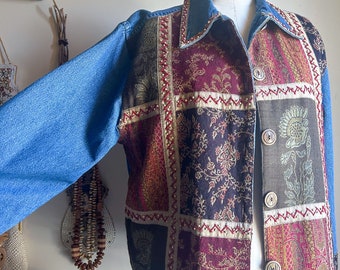 Sweet Vintage 90s Patchwork Tribal Western Boho Hippie Beaded Wood Button Down Denim Jacket Shirt