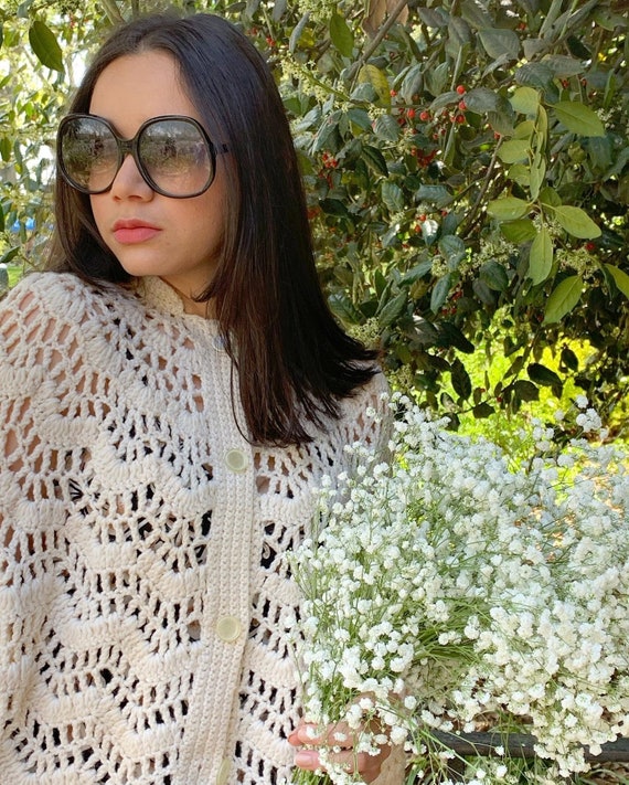 Amazing Vintage 70s Ivory Crochet Button Fringe P… - image 5