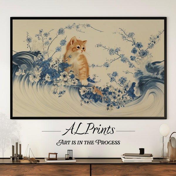 Cute Cat on Japanese Wave, Elegant Oriental Print, Beautiful Wall Art, Large Pet Poster Illustration