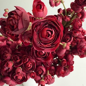 Artificial Burgundy Mini Ranunculus Bundle, 10" Faux Fall Flowers, DIY Centerpiece image 4