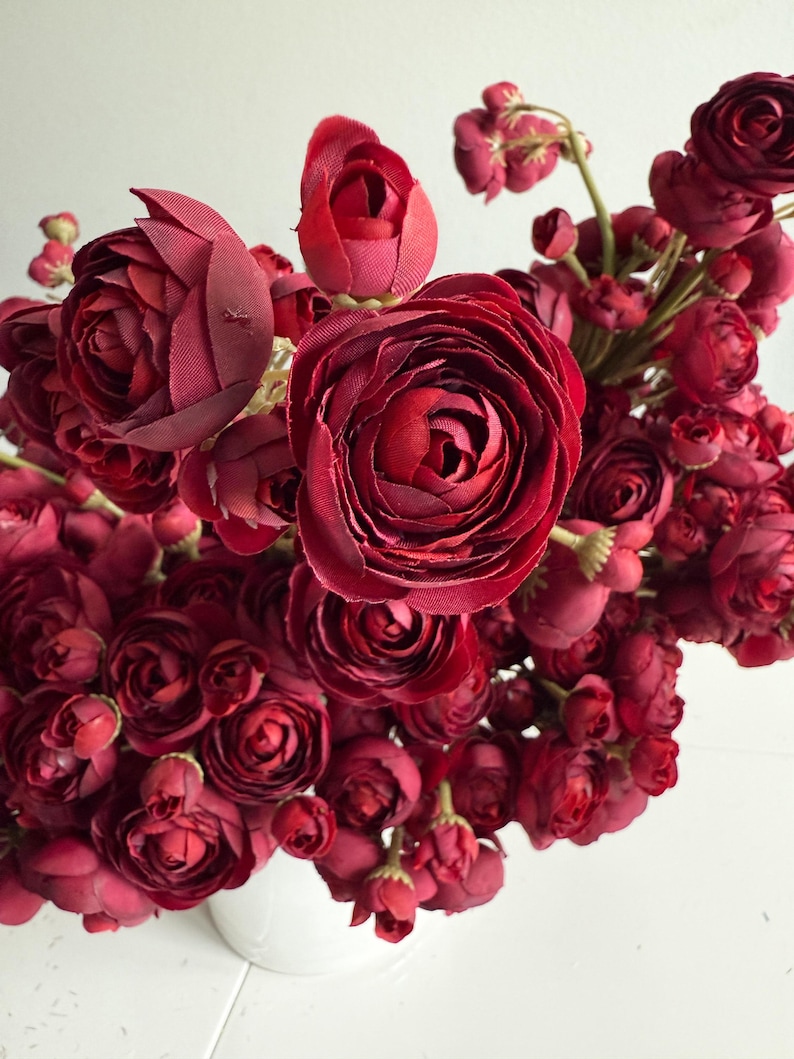 Artificial Burgundy Mini Ranunculus Bundle, 10" Faux Fall Flowers, DIY Centerpiece image 4