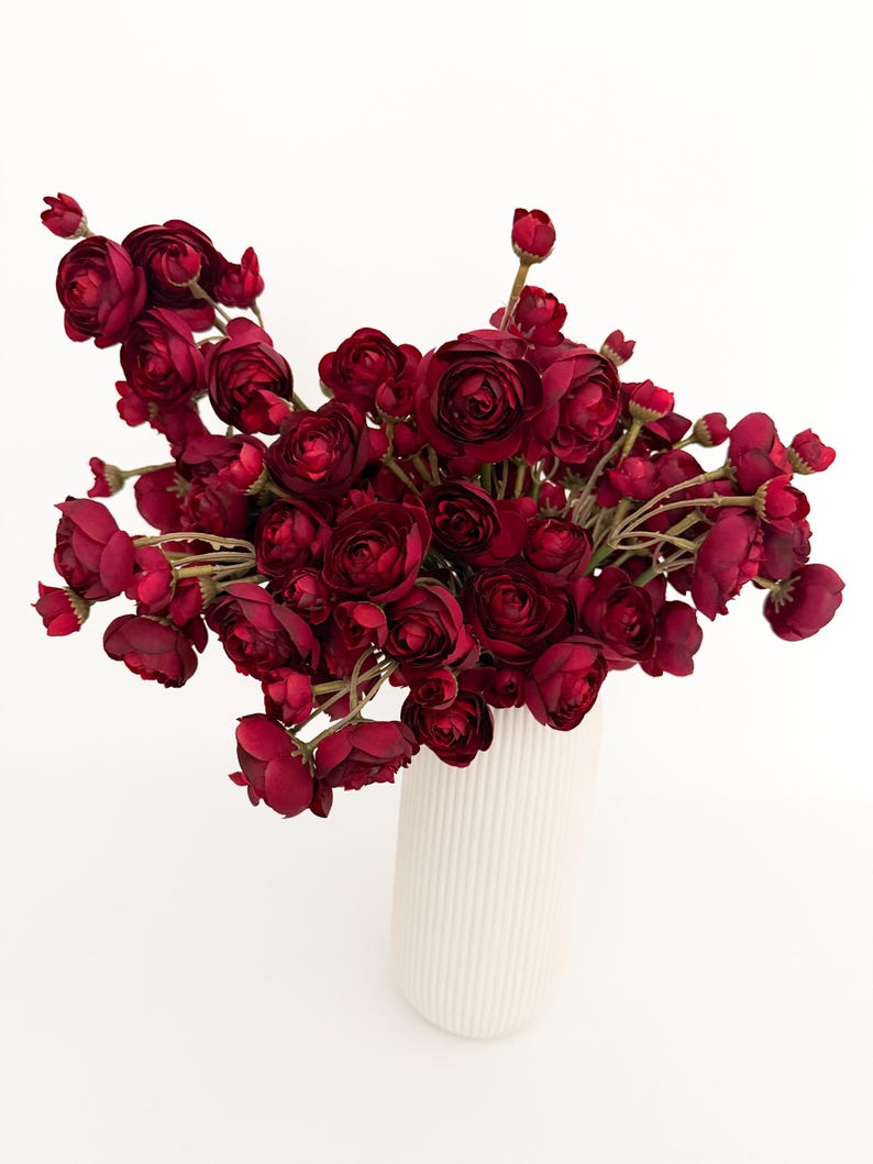 Artificial Burgundy Mini Ranunculus Bundle, 10" Faux Fall Flowers, DIY Centerpiece image 2