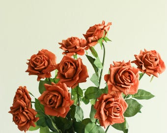 29” Artificial Real Touch Rose in Burnt Orange, Faux Fall Flowers, DIY Centerpiece |Florals |Wedding| Home Design