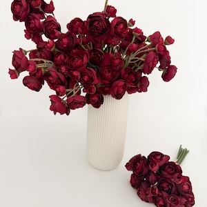 Artificial Burgundy Mini Ranunculus Bundle, 10" Faux Fall Flowers, DIY Centerpiece image 3