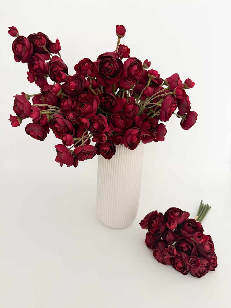 Artificial Burgundy Mini Ranunculus Bundle, 10" Faux Fall Flowers, DIY Centerpiece image 3