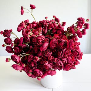 Artificial Burgundy Mini Ranunculus Bundle, 10" Faux Fall Flowers, DIY Centerpiece image 6