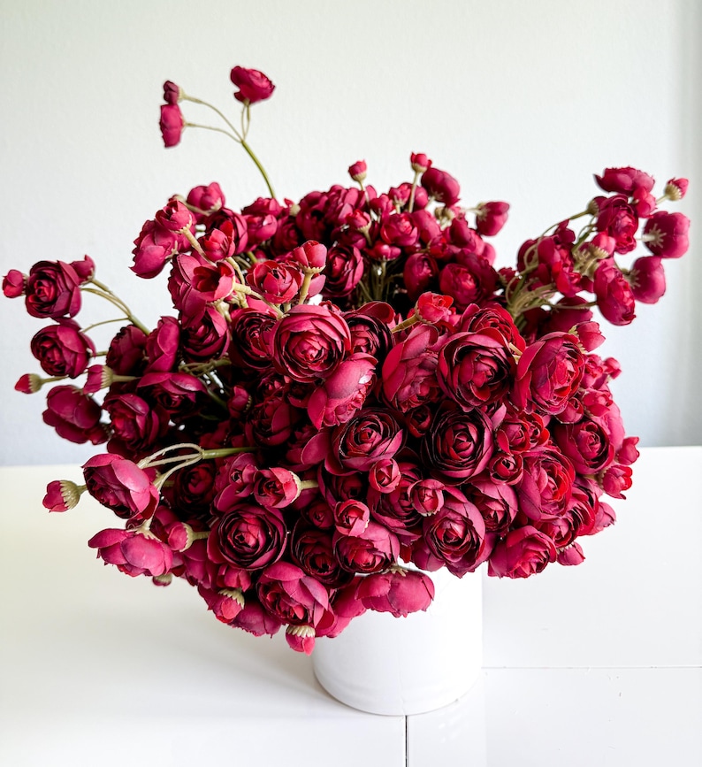 Artificial Burgundy Mini Ranunculus Bundle, 10" Faux Fall Flowers, DIY Centerpiece image 6
