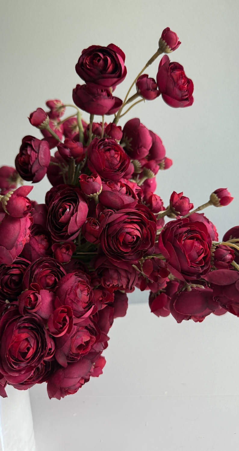 Artificial Burgundy Mini Ranunculus Bundle, 10" Faux Fall Flowers, DIY Centerpiece image 5