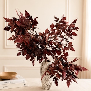 Peut inclure: Un grand vase cylindrique en céramique au fini moucheté noir et blanc contient un large arrangement de feuilles dentelées rouge bordeaux foncé. À côté du vase, deux livres sont empilés, le livre du dessus porte le titre KINFOLK.
