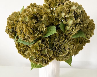 Real Touch Olive Green Hydrangea Stem, Artificial Hydrangea Flower, 20” Faux Floral, Wedding Decor, Home Decor