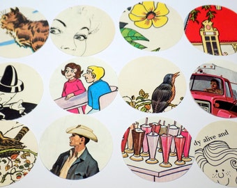 2 Inch Die Cut Vintage Childrens Book Pages Illustrations Round Tags Ephemera 24 Pieces FREE SHIPPING