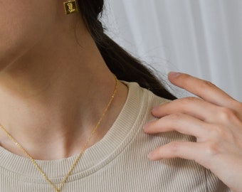 Gold Rose Earrings Necklace SET Square Rose Flower Charm WATERPROOF Necklace Birthday Customizable Gift Minimalist Jewelry Girl Gift for Her