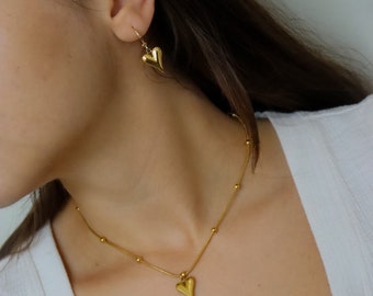 Gold FILLED Heart Earrings Heart Necklace Set Stainless Steel Jewelry Gold Vintage Jewelry Retro Style Solid Elegant Heart Pendant Love Gift