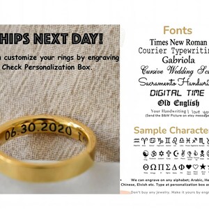 The image is a promotional image for a customizable ring service, featuring a gold ring engraved with the date "06.30.2020" and various font options for personalizing the ring.
