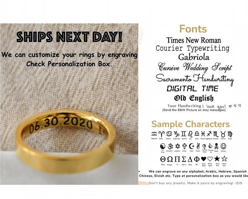 The image is a promotional image for a customizable ring service, featuring a gold ring engraved with the date "06.30.2020" and various font options for personalizing the ring.