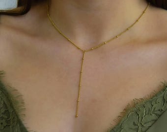 18k Gold Lariat Necklace - Layered Handcrafted Gold Y Necklace, Dainty Elegant Handmade Lariat Y Layering Necklace Gift Personalized Charm