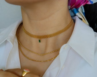 18K GOLD FILLED Mesh Vintage Choker Necklace, Zircon Stone Necklace, WATERPROOF Necklace Gold Retro Gift Gemstone Necklace Watchband  Chain