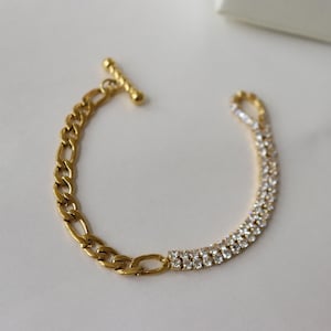 Gold Filled Cz Stone Baguette Tennis Figaro Bracelet Vintage Mesh Chain Bracelet WATERPROOF Jewelry Women Mom Bracelet Gold Diamond Toggle