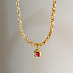 Gold Filled Ball Necklace, Garnet Ruby Zircon Red Stone Necklace, Vintage Choker Box Cable Chain Crystal Necklace Waterproof Jewelry Gifts