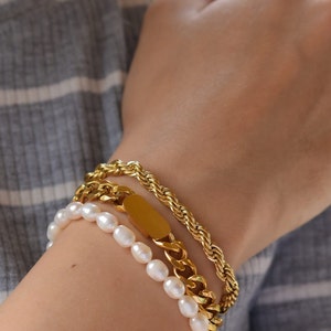 Gold Pearl Bracelet, Vintage Mesh Bracelet, Solid Link Mens Women Kids Bracelet WATERPROOF Jewelry  Gold Filled Chain Bracelet Handmade Gift
