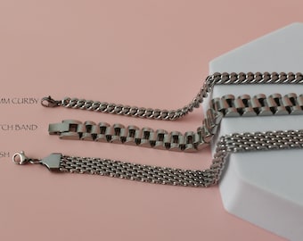 Silver Mens Bracelet, Silver Miami Chain Bracelet, Best Box Mesh Watch Chain Customized WATERPROOF Everyday Jewelry Dad Men Gift Bracelet