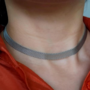 SILVER Vintage Choker Herringbone Necklace, Mesh Choker Necklace Women, Stainless Steel WATERPROOF Jewelry Vintage Jewelry Necklace for Her