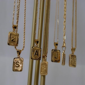 18K Gold Initial Letter Necklace, Medal Gold Initial Letter Pendant Necklace Square Alphabet Rectangle Medallion Pendant Best Women Necklace